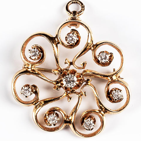 Antique Sparkling Diamond Brooch/Pendant 14k Yellow Gold - ONeil's Jewelry 