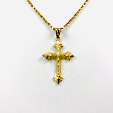 Solid Diamond Cut Rope with Cross 14k Yellow Gold - ONeil's Jewelry 