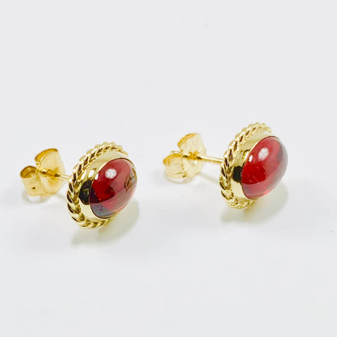 Vintage Small Garnet Cabochon Earrings 14k Yellow Gold - ONeil's Jewelry 