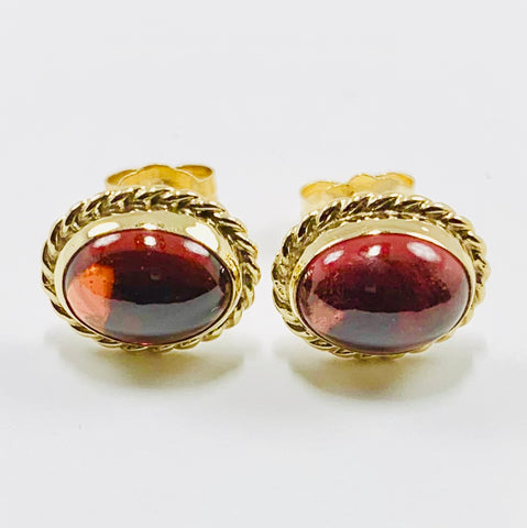 Vintage Small Garnet Cabochon Earrings 14k Yellow Gold - ONeil's Jewelry 