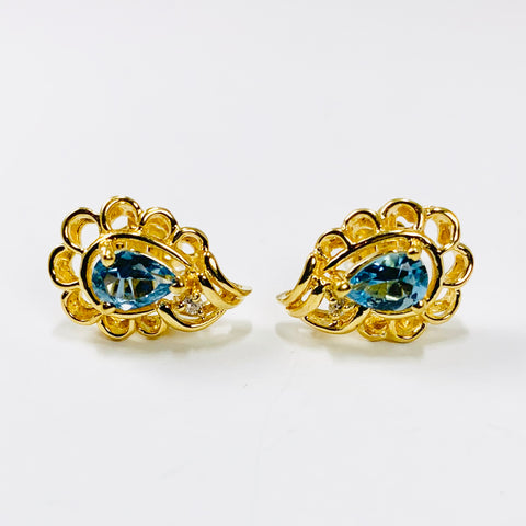Vintage Blue Topaz and Diamond Earrings 14k Yellow Gold - ONeil's Jewelry 