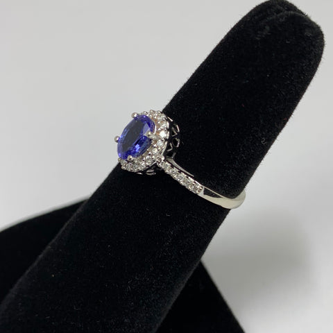 Petite Tanzanite and Diamond Halo Ring 14k White Gold - ONeil's Jewelry 