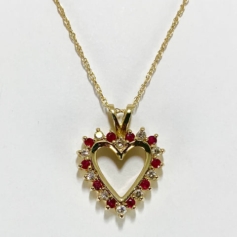 Woman's Bold Ruby and Diamond Heart Necklace 14k Yellow Gold - ONeil's Jewelry 