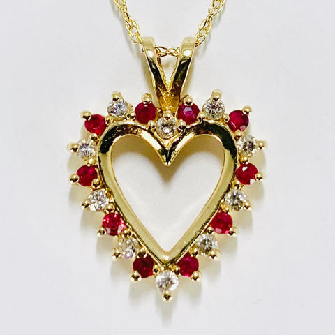 Woman's Bold Ruby and Diamond Heart Necklace 14k Yellow Gold - ONeil's Jewelry 