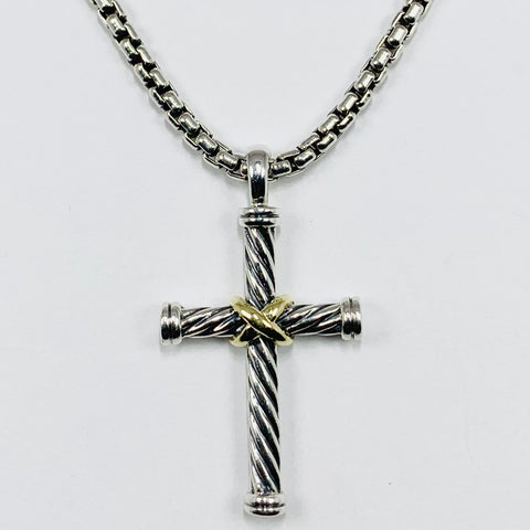 Men's David Yurman Box Link with Cross Necklace Sterling Silver and 18k Yellow Gold - ONeil's Jewelry 